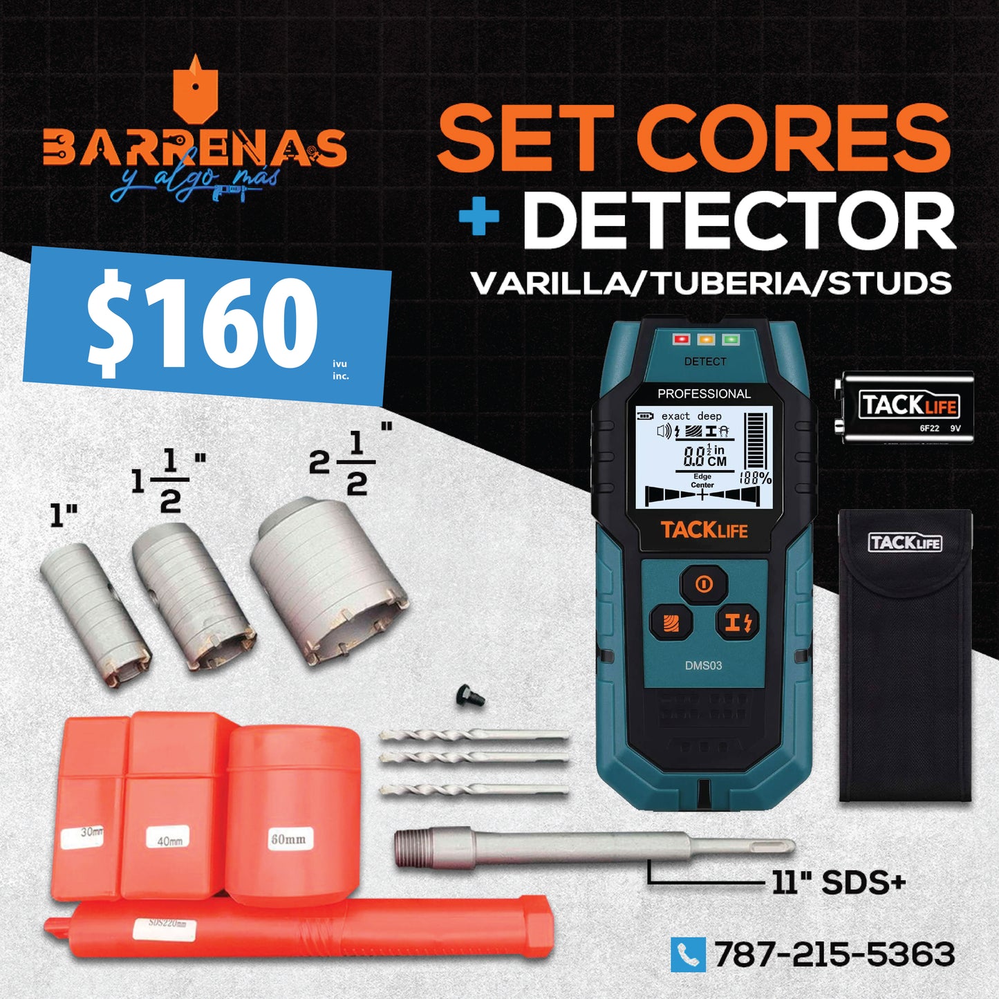 Kit Cores 2.5" + Wall Scanner Detector varilla